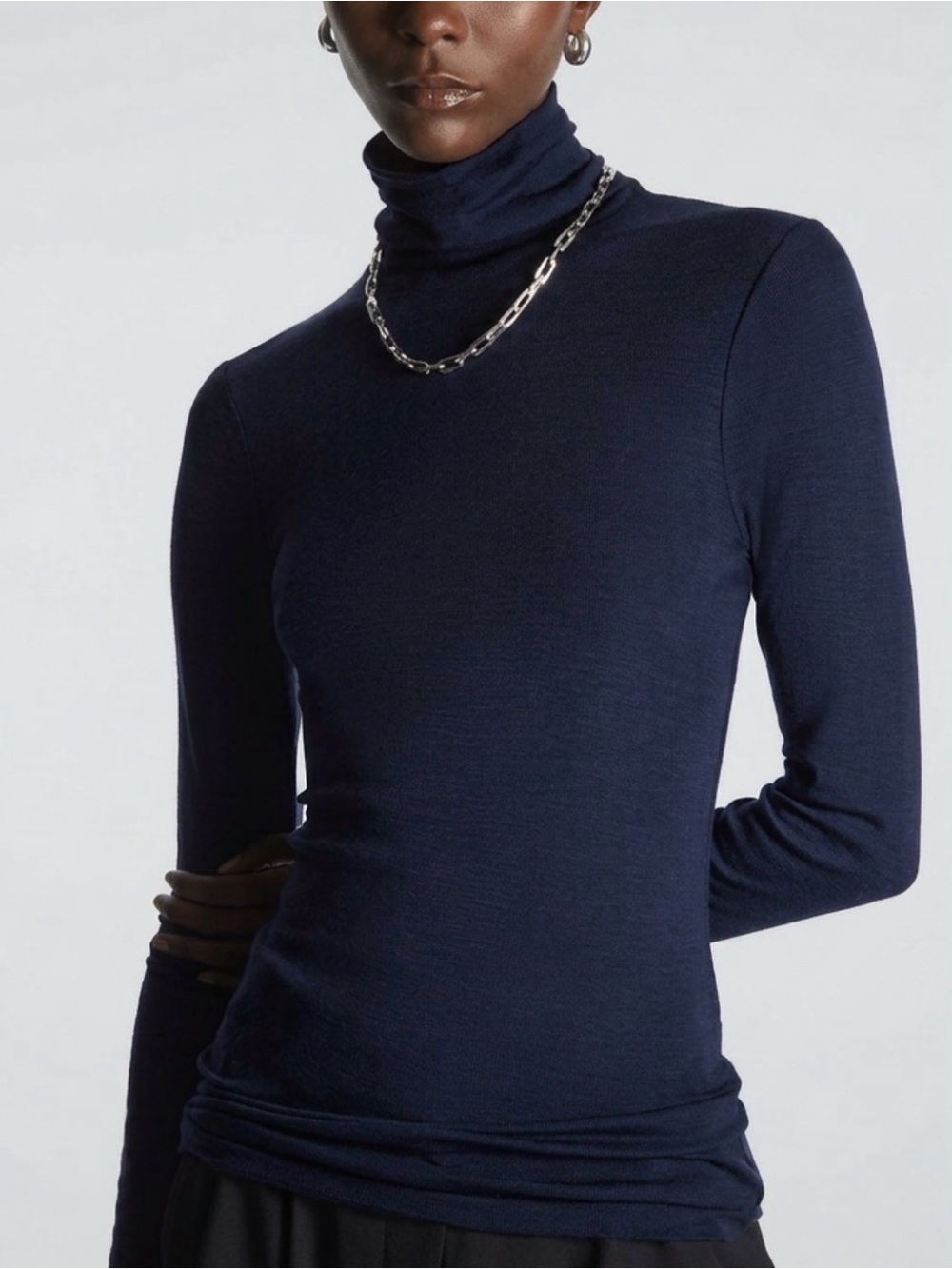 COS Navy Blue Lightweight 100% Wool Sheer Turtleneck Sweater w/Raw Edge
